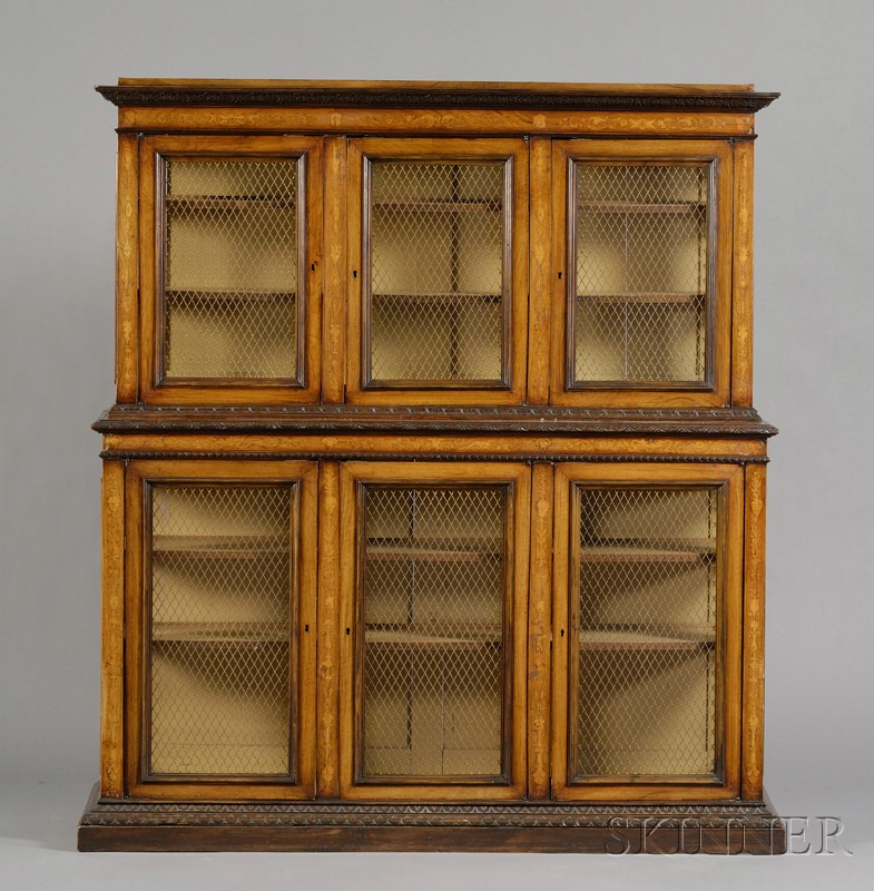 Appraisal: Italian Renaissance-style Fruitwood-inlaid and Penwork Decorated Walnut Library Cabinet mid-