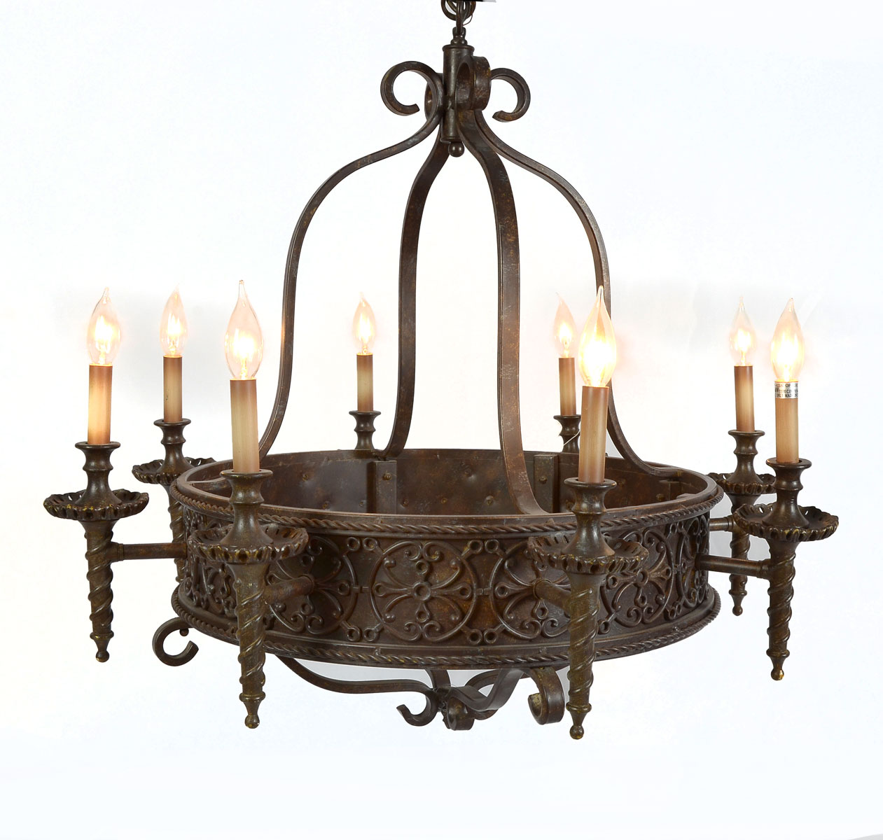 Appraisal: -LIGHT CIRCULAR WROUGHT IRON CHANDELIER Contoured wrought iron frame with