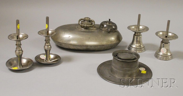 Appraisal: Six Assorted Pewter Items an inkwell foot warmer and two