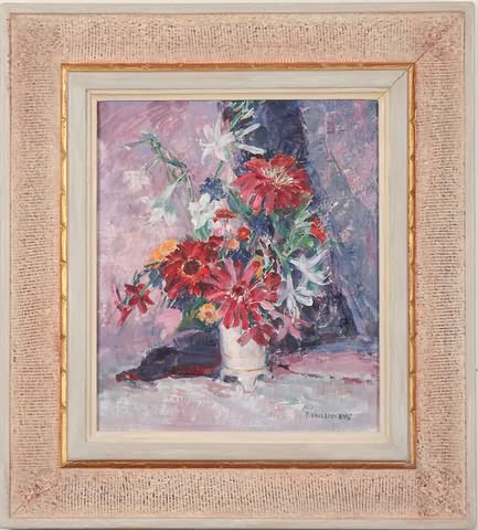 Appraisal: Zinnias and Funkia Flowers oil on canvas x SLR P