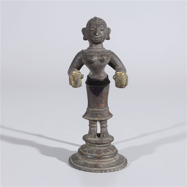 Appraisal: Indian brass statue with handle on backside incised details chips