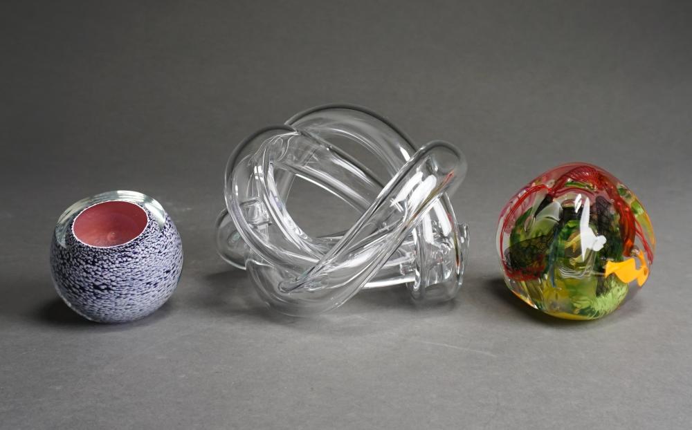 Appraisal: CONTEMPORARY GLASS SCULPTURE AND TWO ART GLASS PAPERWEIGHTSContemporary Glass Sculpture