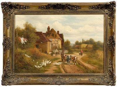 Appraisal: British School painting cottage scene with laundry geese woman with