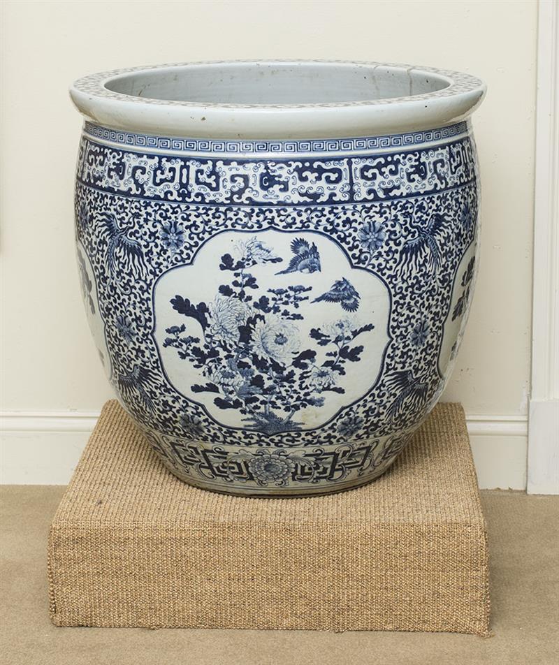 Appraisal: CHINESE BLUE AND WHITE PORCELAIN FISH BOWL x in diam