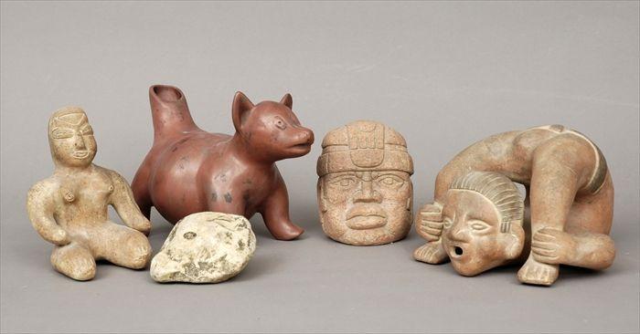 Appraisal: Mexican Pottery Dog Vessel Two Pottery Figures and Two Heads