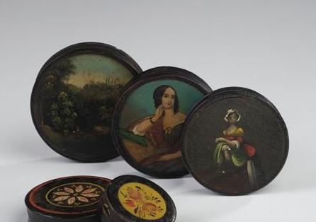 Appraisal: FIVE ENGLISH BLACK PAPIER MACHE SNUFF BOXES NINETEENTH CENTURY Each