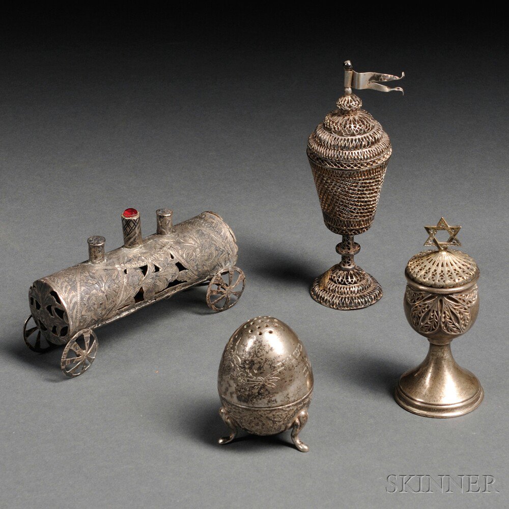 Appraisal: Four Silver Containers for Spice Russian silver filigree tower locomotive-form