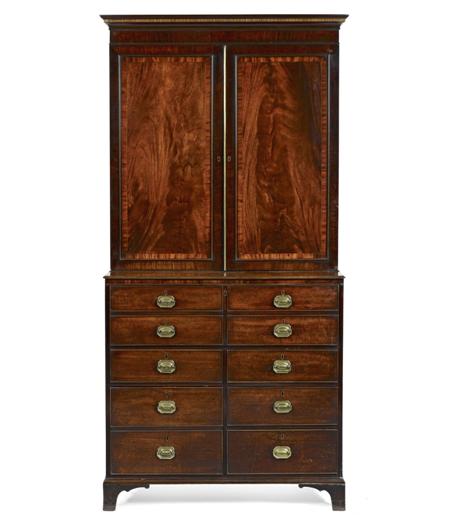 Appraisal: GEORGE III MAHOGANY SECRETAIRE BOOKCASE CIRCA the simulated dentil moulded