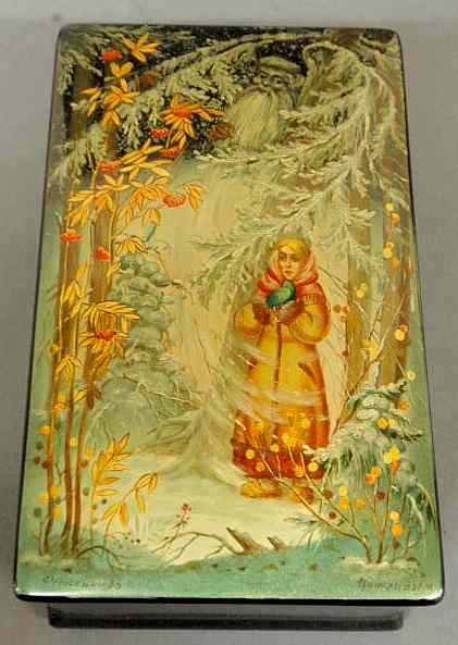 Appraisal: Russian lacquerware box decorated with a woman in the snow