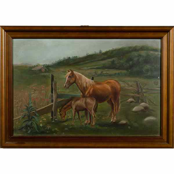 Appraisal: American School Portrait of Horses Oil on board unsigned x