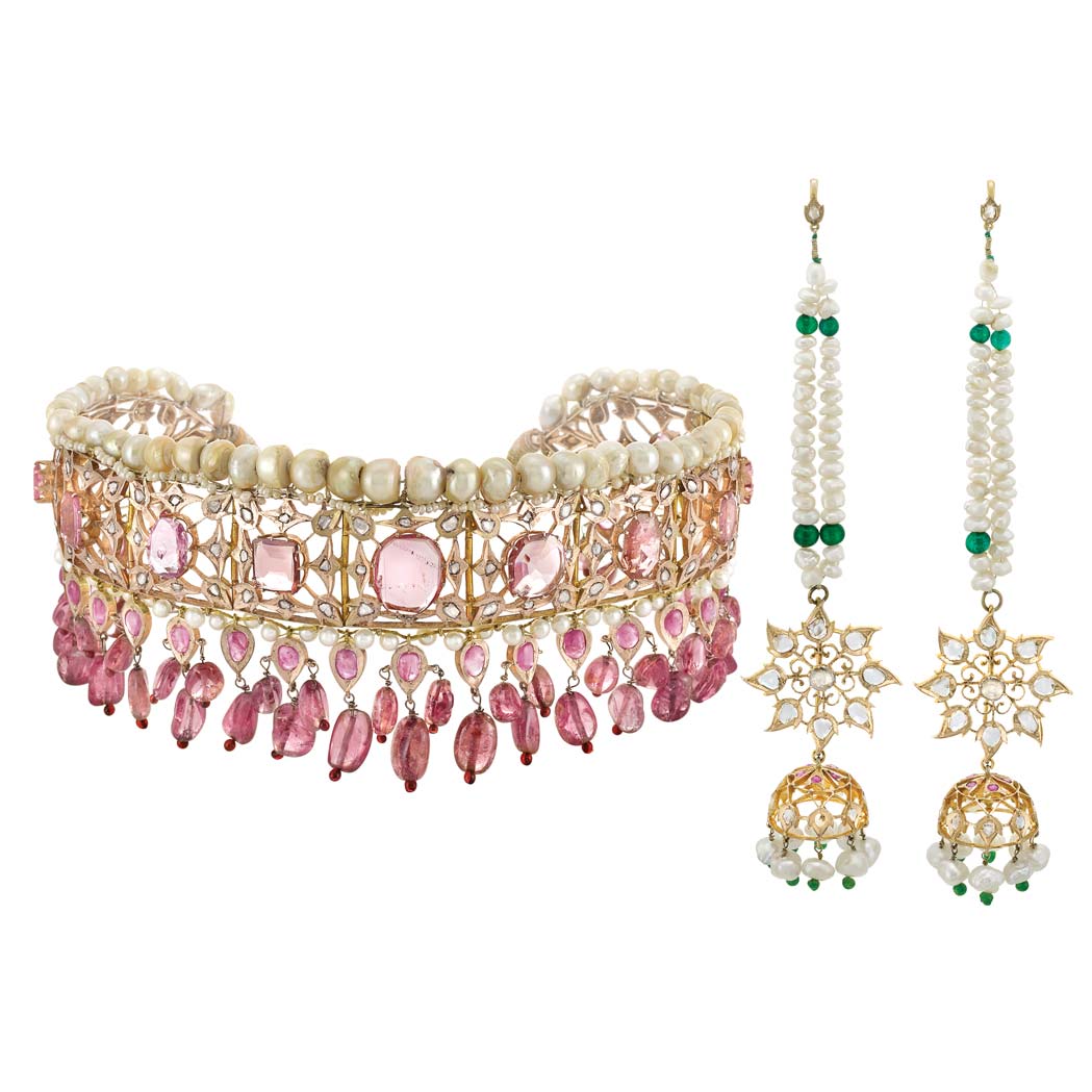 Appraisal: Indian Low Karat Gold Pink Tourmaline and Pearl Fringe Choker