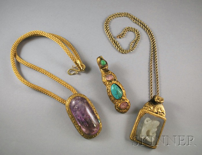 Appraisal: Three Chinese Hardstone and Gilt-metal Jewelry Items two large gilt-framed