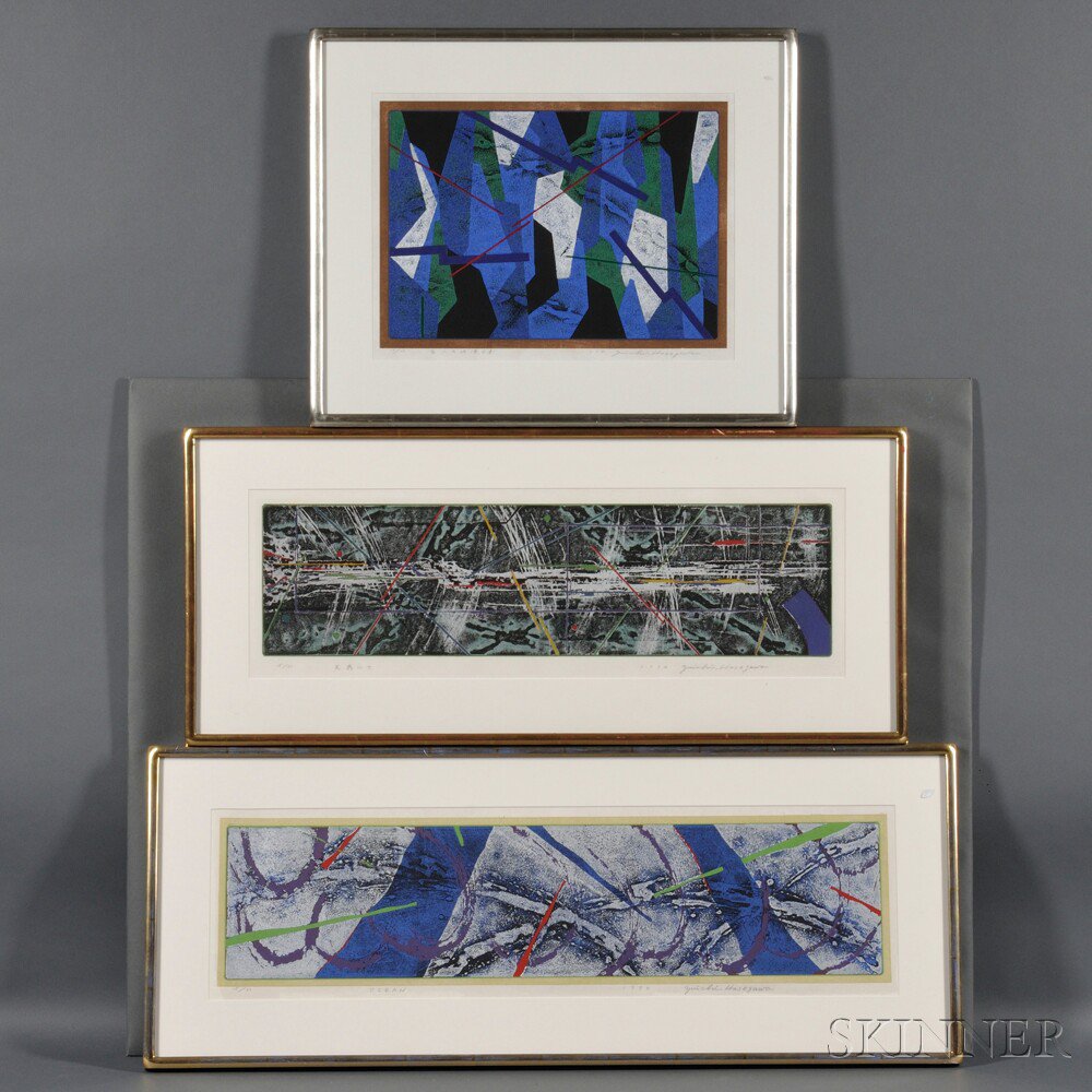 Appraisal: Yuichi Hasegawa b Three Color Woodblocks Japan Blue Land Spring