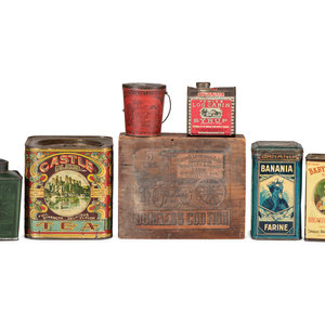 Appraisal: Seven Advertising Tins and Box includes a wooden box for