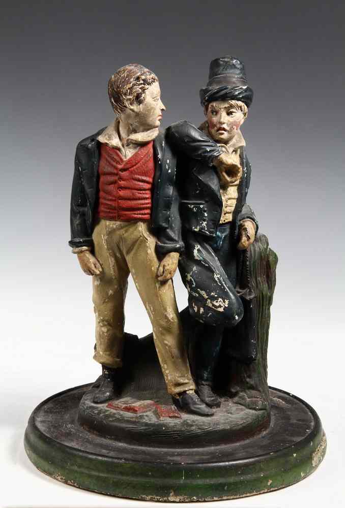 Appraisal: PAINTED PLASTER GROUP-of two boys Molded painted plaster integral base