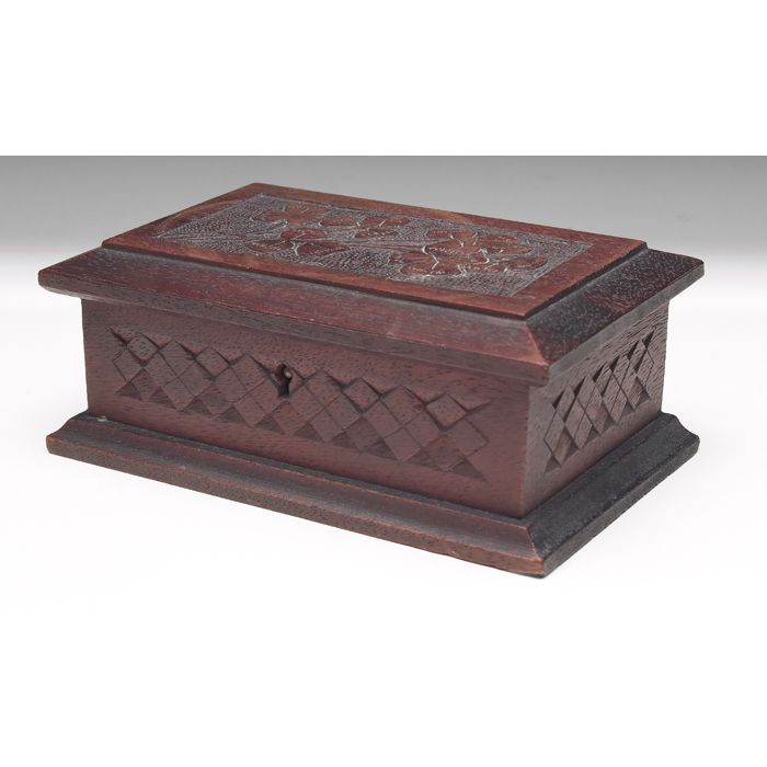 Appraisal: Cincinnati Art Carved box hand-carved clover and geometric designs lock-and-key