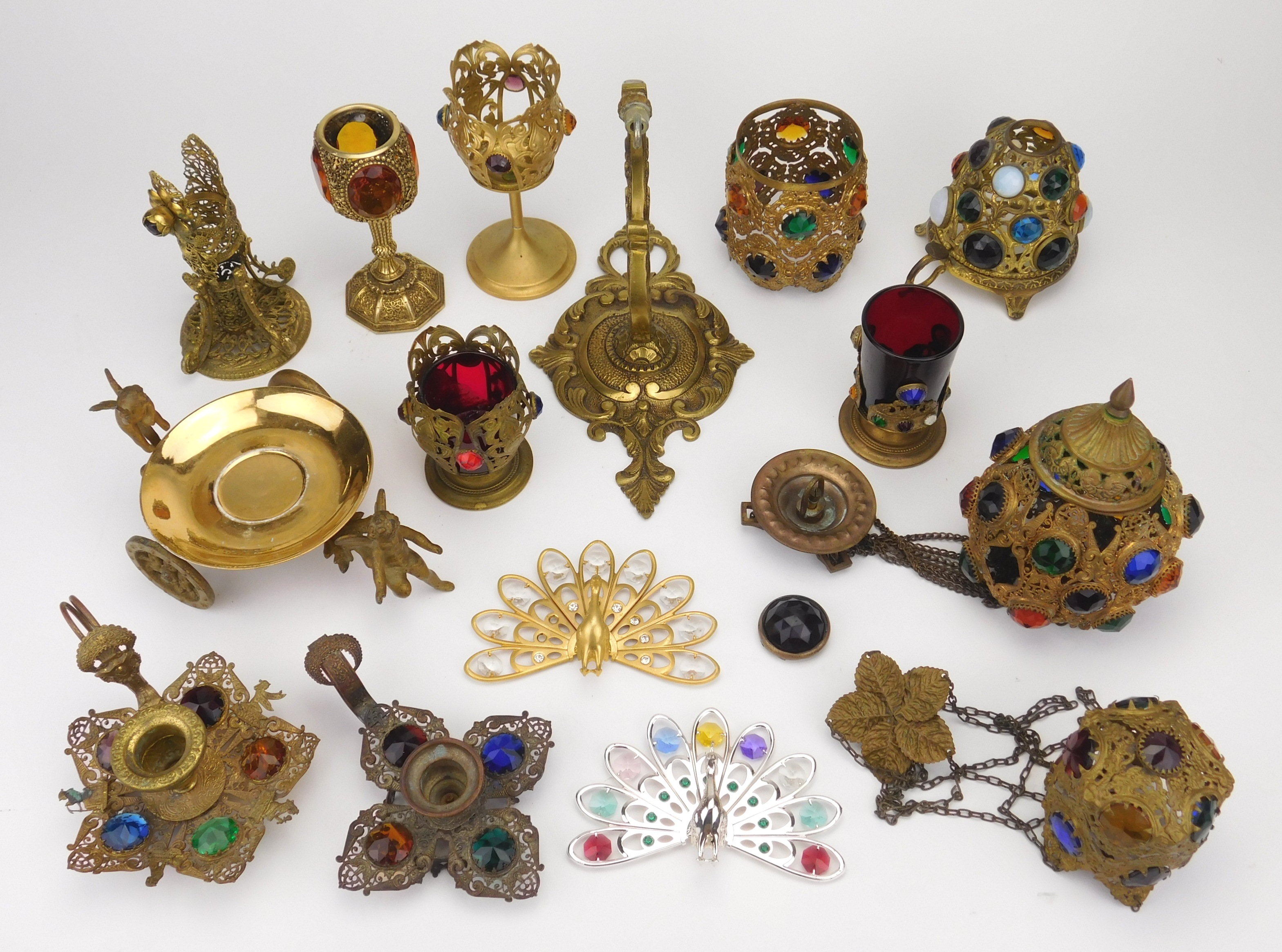 Appraisal: Group of brass filigree and jewel items hanging lantern is