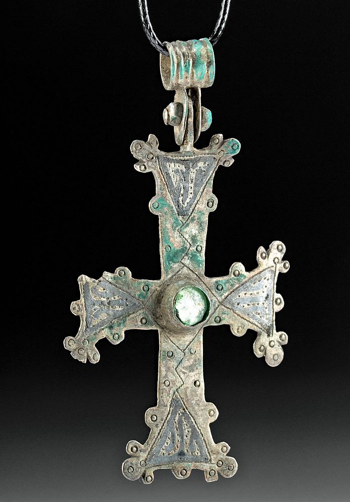 Appraisal: Byzantine Silver Cross Pendant w Glass Inlay Ancient Near East