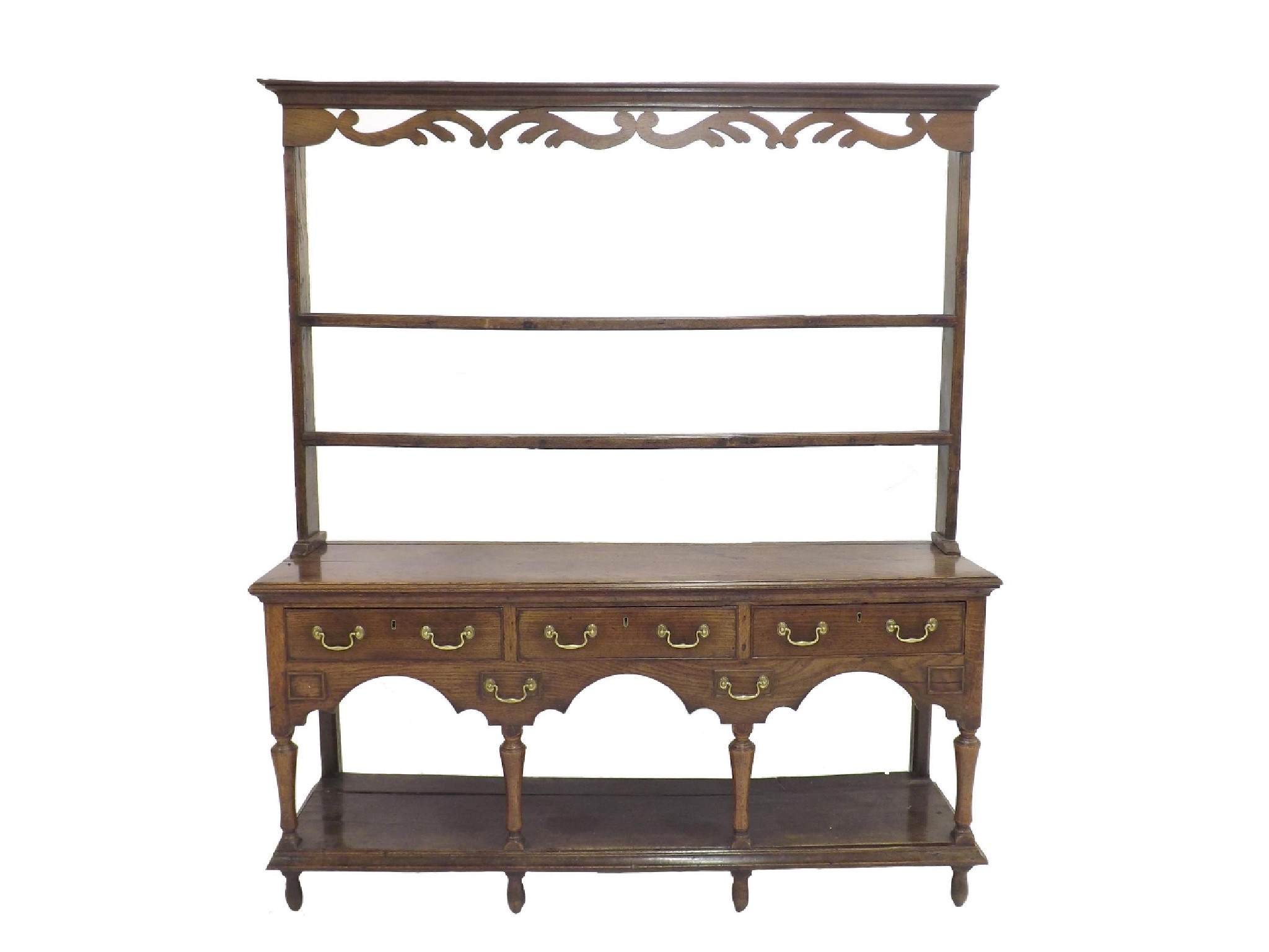 Appraisal: Georgian oak dresser the raised Delft rack with carved acanthus