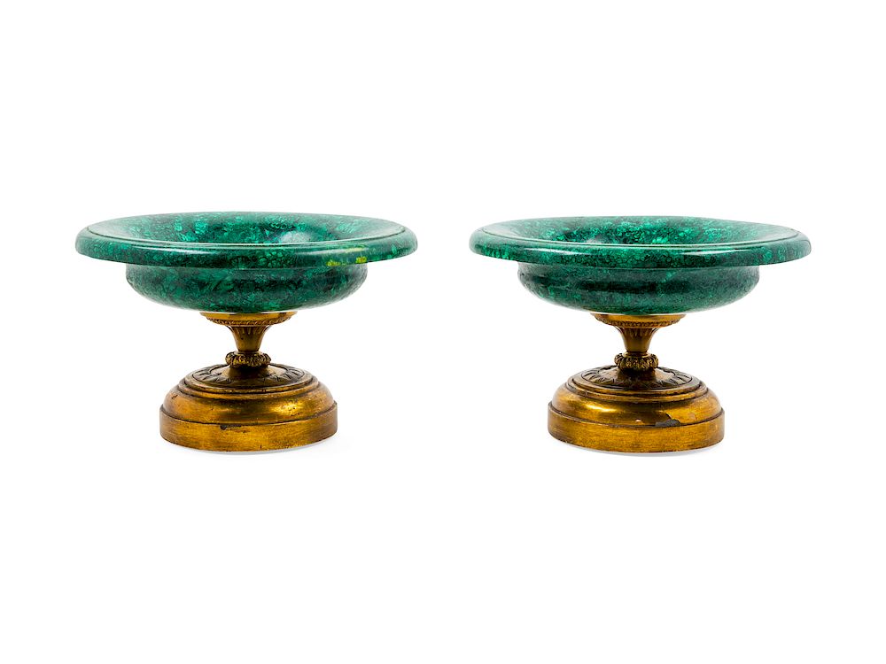 Appraisal: A Pair of Malachite-Veneered Tazze A Pair of Malachite-Veneered Tazze