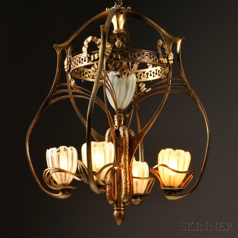 Appraisal: Art Nouveau Chandelier Gilt-metal and glass Europe early th century