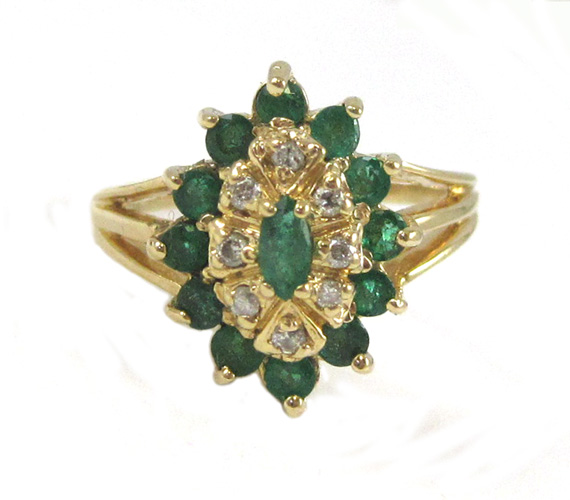 Appraisal: EMERALD DIAMOND AND FOURTEEN KARAT GOLD RING with twelve round-cut