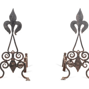 Appraisal: A Pair of Continental Iron Fleur-de-Lis Andirons th Century Height