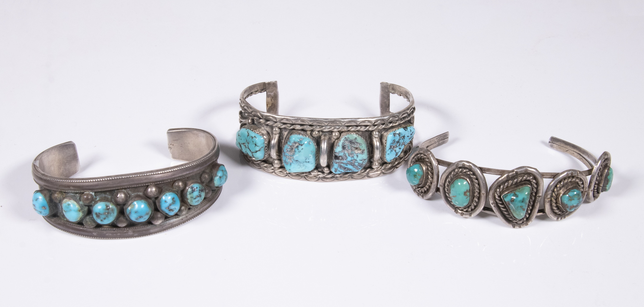 Appraisal: STERLING TURQUOISE CUFF BRACELETS Lot of Native American Crafted Bracelets