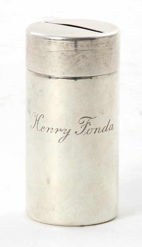 Appraisal: Tiffany Co sterling bank engraved Henry Fonda covered cylinder form