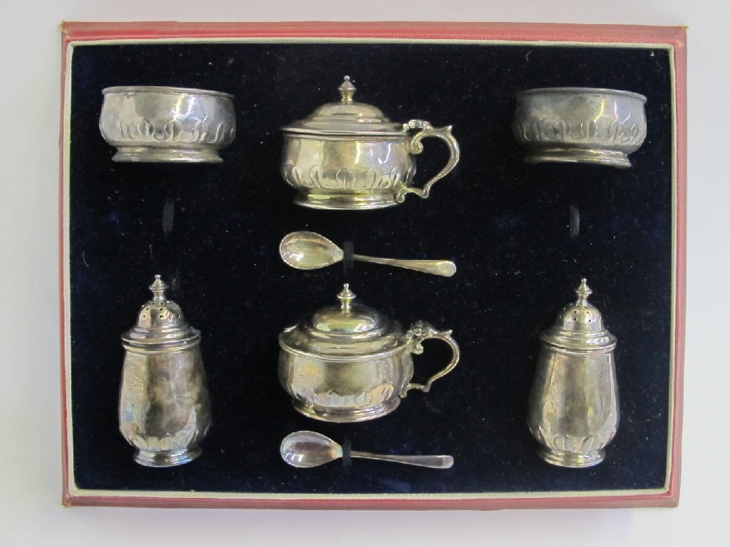 Appraisal: Cased six piece silver condiment set Birmingham