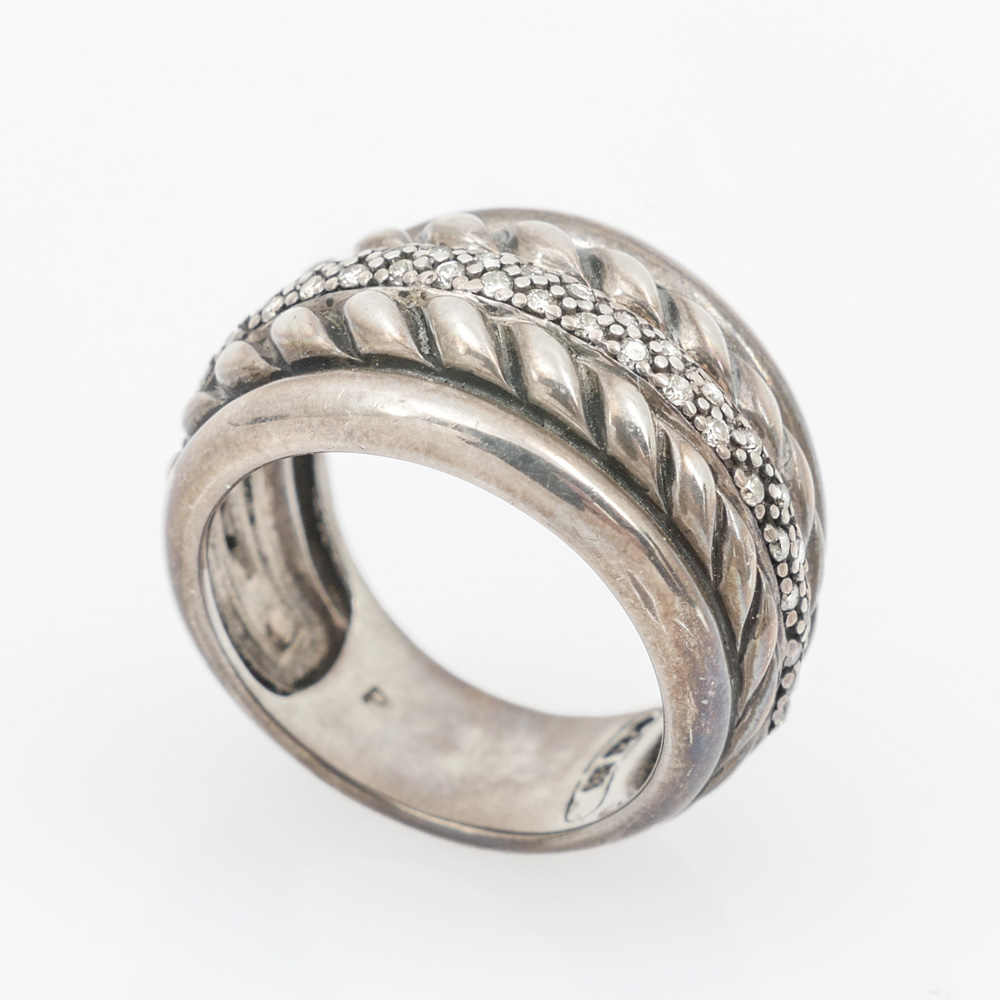 Appraisal: DAVID YURMAN WIDE STERLING ROW RING WITH DIAMONDS Sterling silver