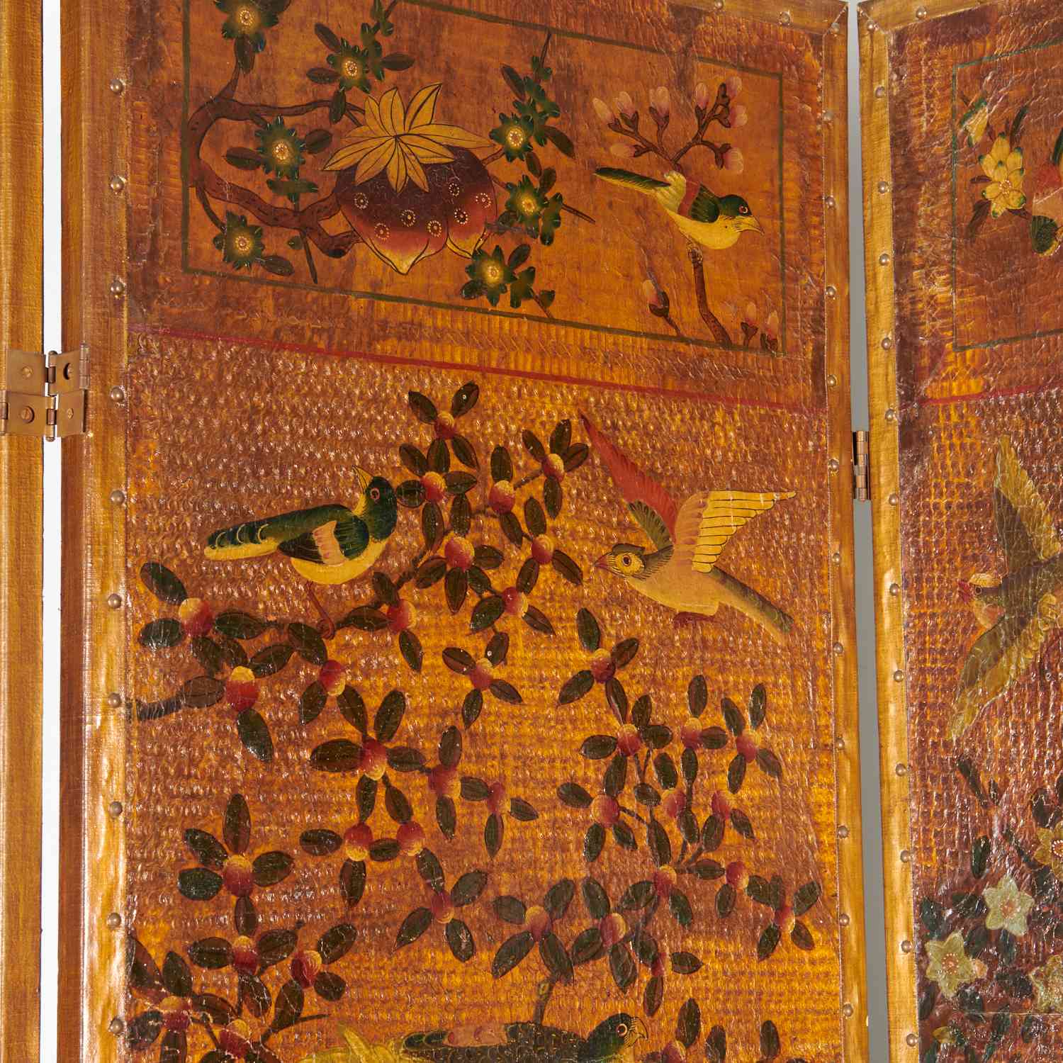 Appraisal: CONTINENTAL BAROQUE -PANEL PAINTED LEATHER SCREEN th c and later