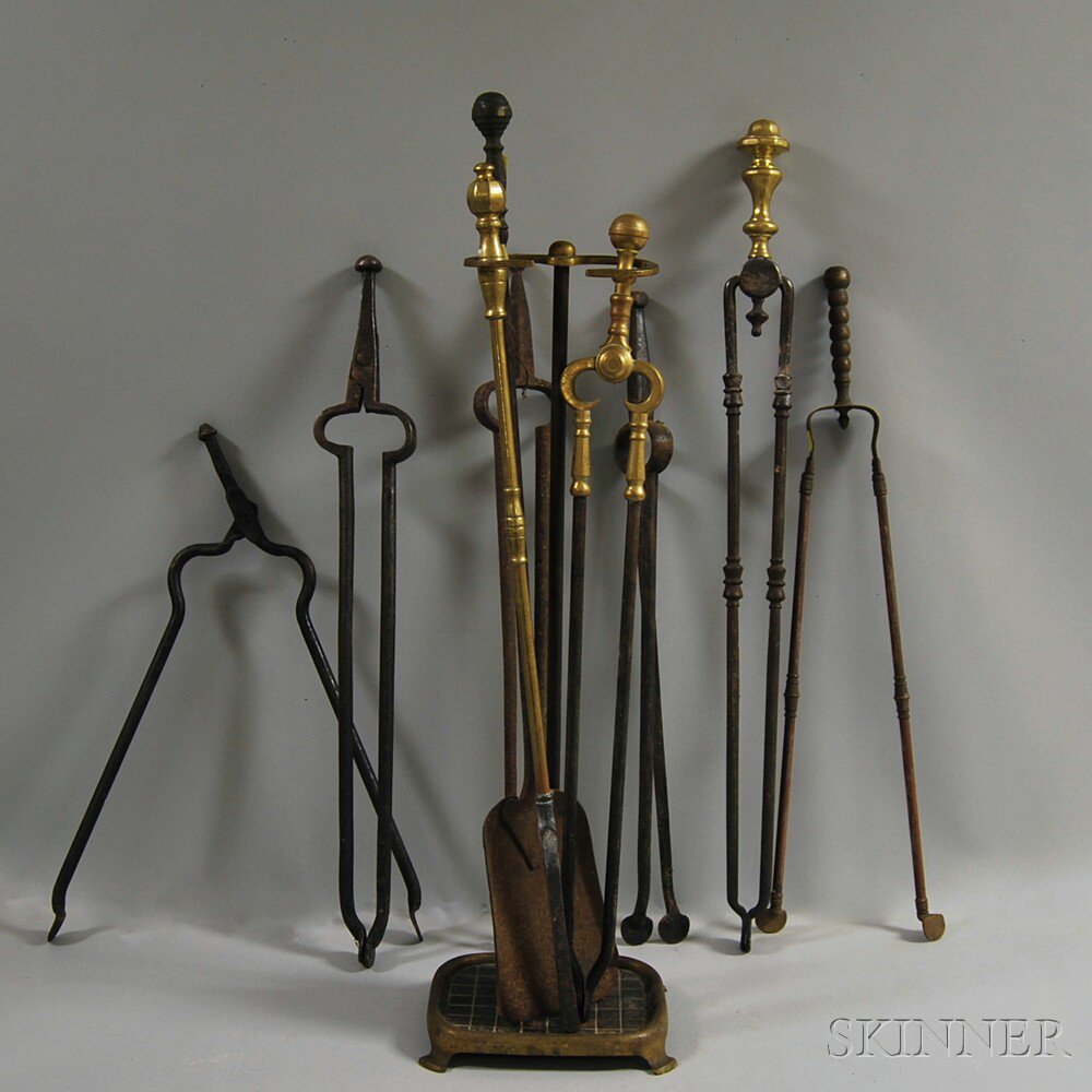 Appraisal: Assorted Group of Fireplace Tools including a crosshatched tool stand