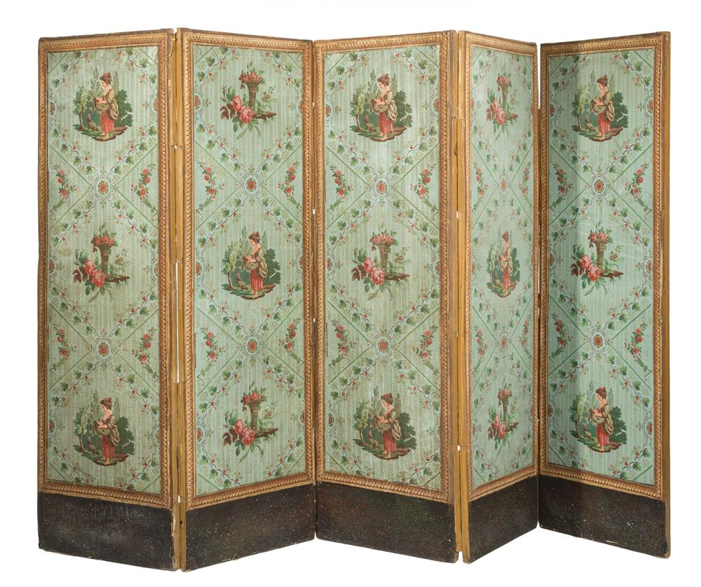 Appraisal: Continental Zuber-Style Five-Panel Screen early th c figural and floral