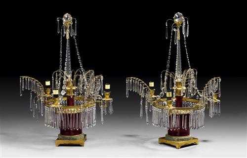 Appraisal: PAIR OF GILT BRONZE AND CRYSTAL CANDELABRAS late Empire Russia