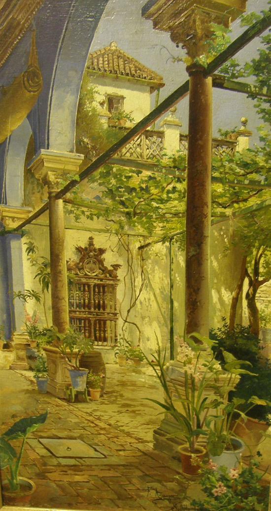 Appraisal: F Anaya oil on board courtyard garden signed and dated