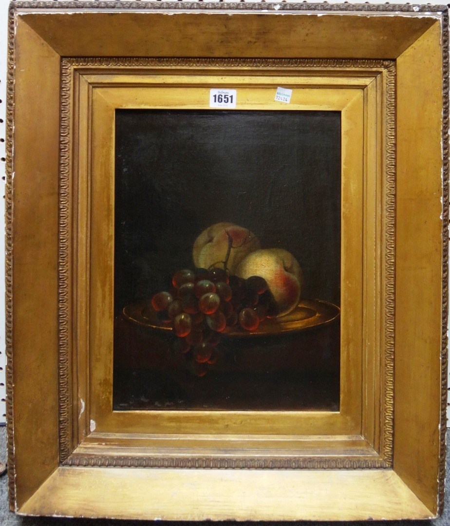 Appraisal: Follower of Adriaen Coorte Still life of peaches and grapes