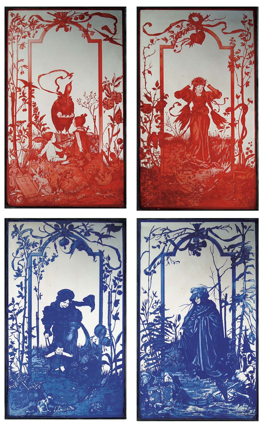 Appraisal: ACID ETCHED CAMEO WINDOWS Spectacular set of four acid cut