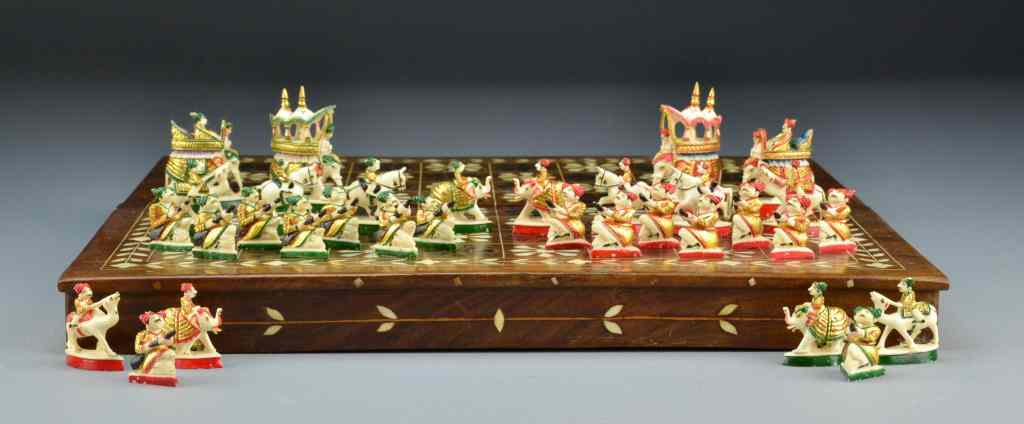 Appraisal: Indian Ivory Polychrome Painted Chess SetA thirty two piece ivory