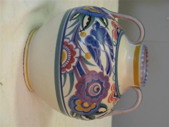 Appraisal: Poole bulbous pot with two handles decorated with birds and