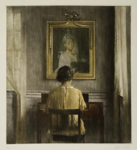 Appraisal: PETER ILSTED At the Spinet Color mezzotint on chine coll