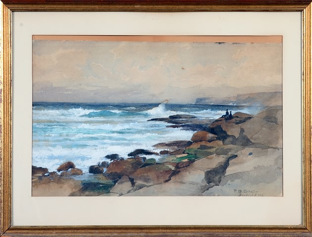 Appraisal: Two figures seated along the coast watercolor x sight SLR