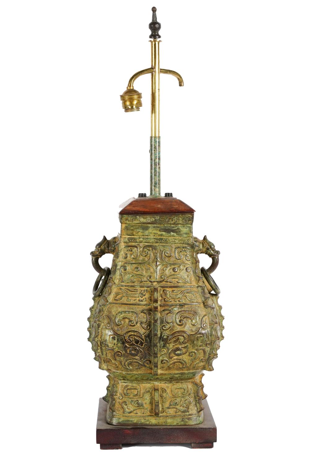 Appraisal: CHINESE ARCHAIC BRONZE URNmounted as lamp with wooden top and