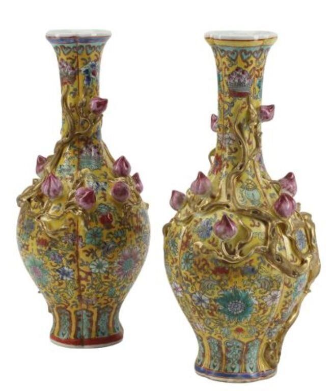 Appraisal: pair Chinese famille rose porcelain lobed vases with yellow ground