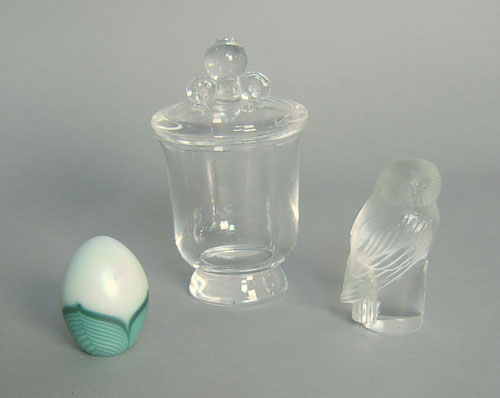 Appraisal: Lalique owl h together with a Steuben lidded canister h