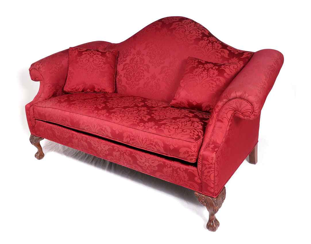 Appraisal: ETHAN ALLEN CHIPPENDALE STYLE BALL AND CLAW SOFA Crimson red