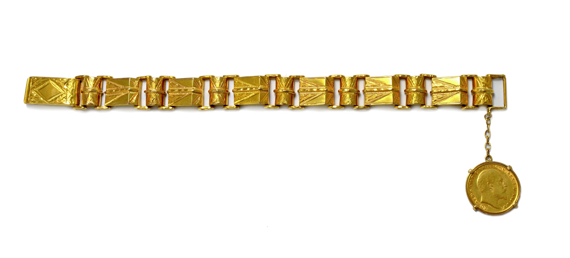 Appraisal: A gold bracelet in a panel shaped and 'D' section