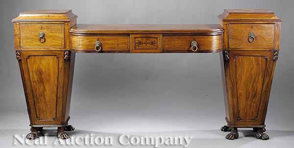 Appraisal: An Irish Inlaid Mahogany Pedestal Sideboard c the tapered side