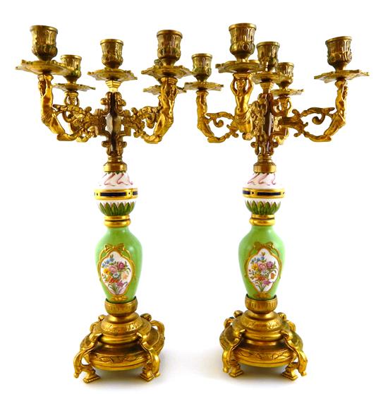 Appraisal: Pair of gilded bronze and porcelain candelabra each with five