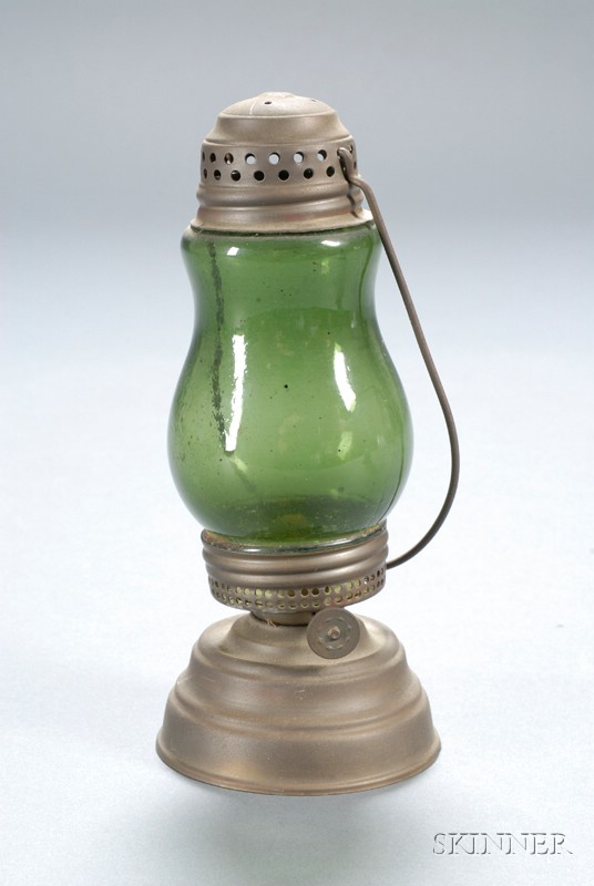 Appraisal: Soda Green Glass and Brass Skater's Lamp America late th